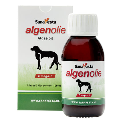 Flesje en doosje van Sana-Vesta Algenolie voor honden en katten van 100ml