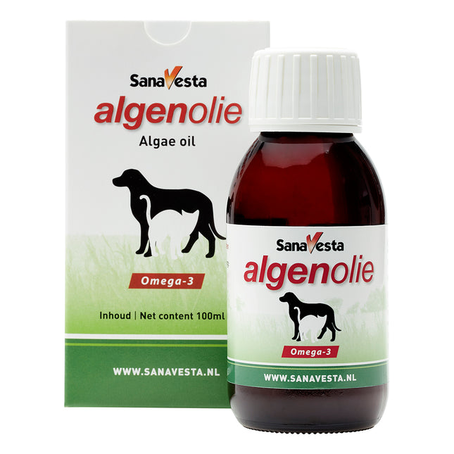 Flesje en doosje van Sana-Vesta Algenolie voor honden en katten van 100ml